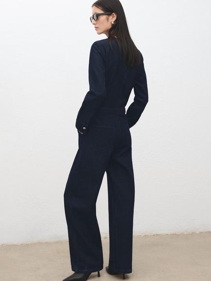 Mango Button Detail Denim Jumpsuit, Blue - view 2, Blue