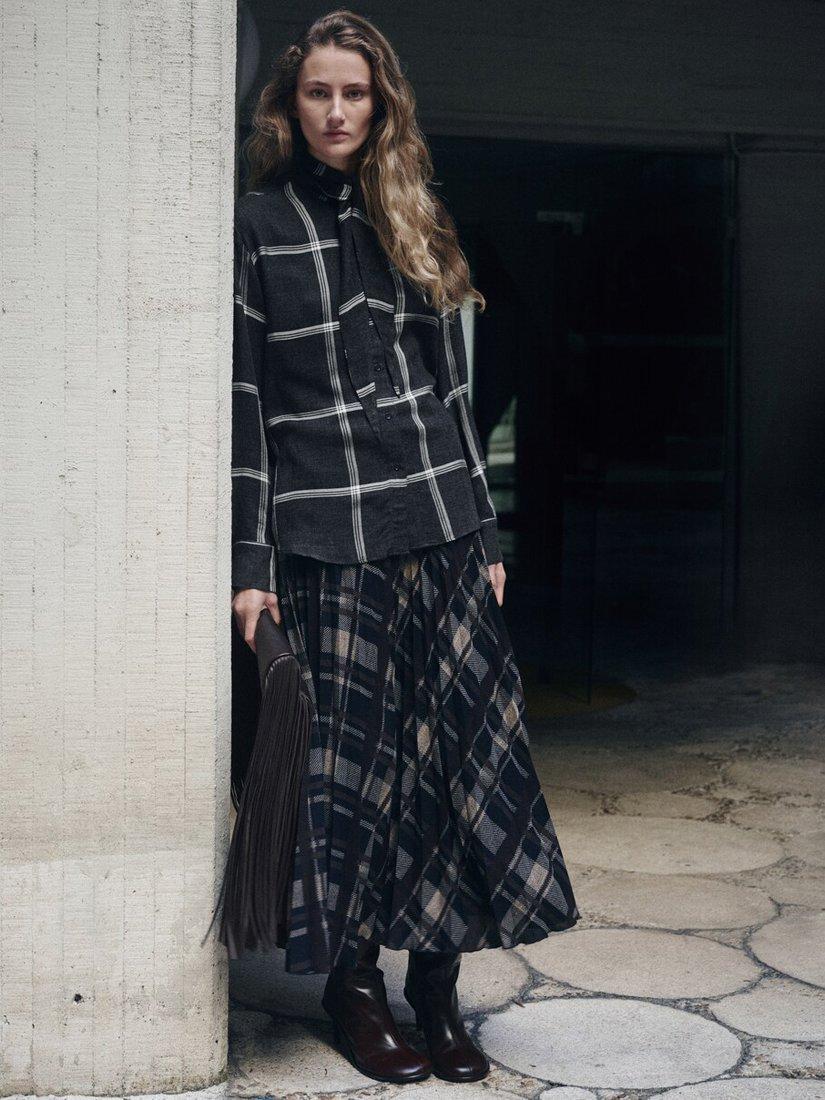 Product image 1 of 6, which shows Mango Candy Check Tie Neck Top, Black, 10