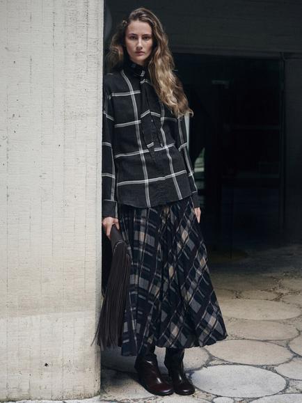 Mango Candy Check Tie Neck Top, Black, Black