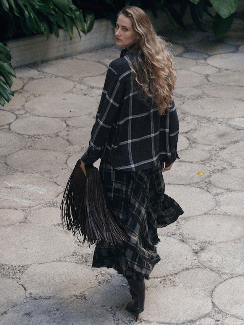 Product image 2 of 6, which shows Mango Candy Check Tie Neck Top, Black, 10