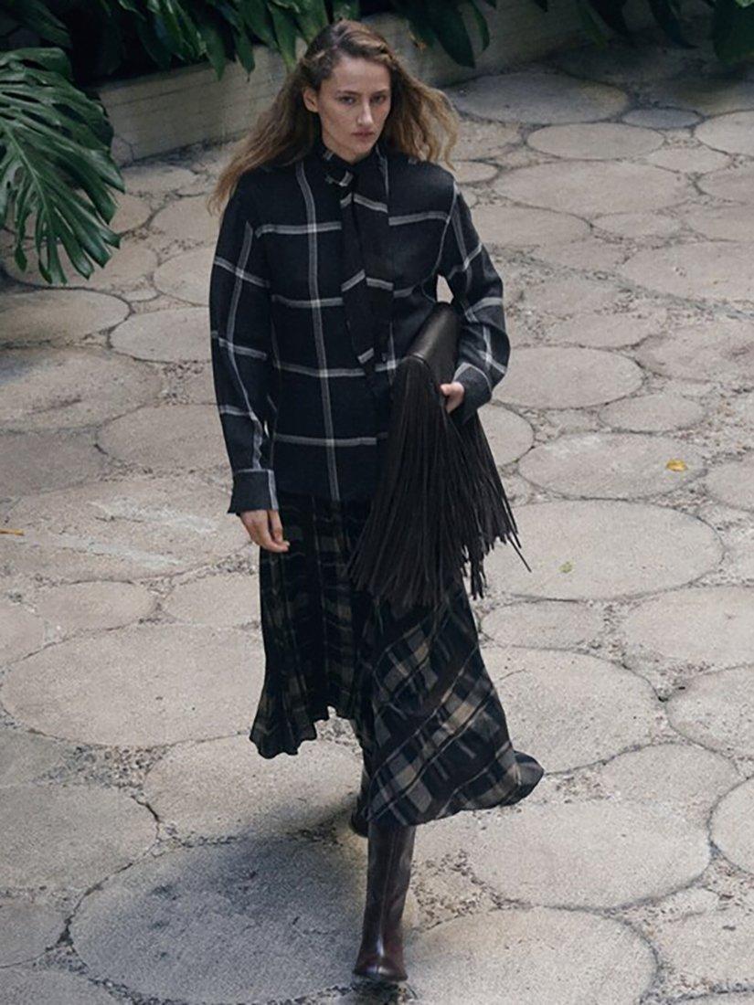 Product image 3 of 6, which shows Mango Candy Check Tie Neck Top, Black, 10