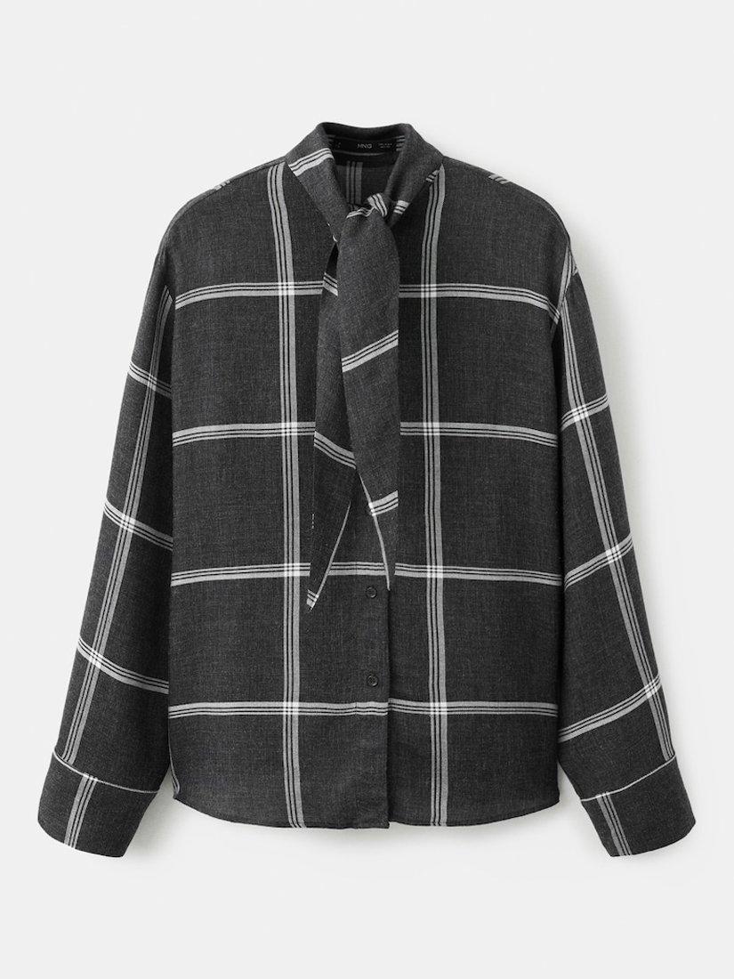 Product image 5 of 6, which shows Mango Candy Check Tie Neck Top, Black, 10