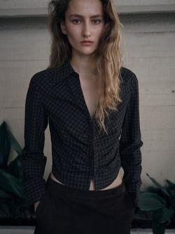 Mango Galeen Check Gathered Detail Shirt, Grey, Grey