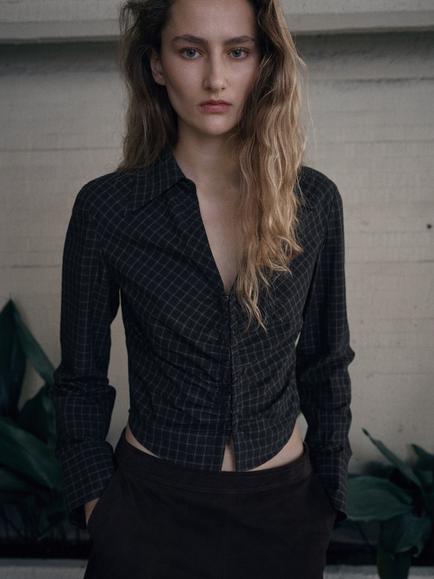 Mango Galeen Check Gathered Detail Shirt, Grey, Grey
