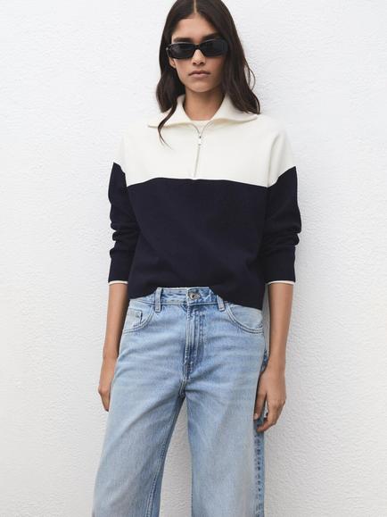 Mango Cosmic Colour Block Zip Sweatshirt, Navy/White, Navy/White