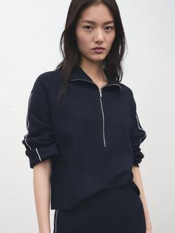 Mango Cosmus Zip Neck Stripe Sleeve Jumper, Navy, Navy
