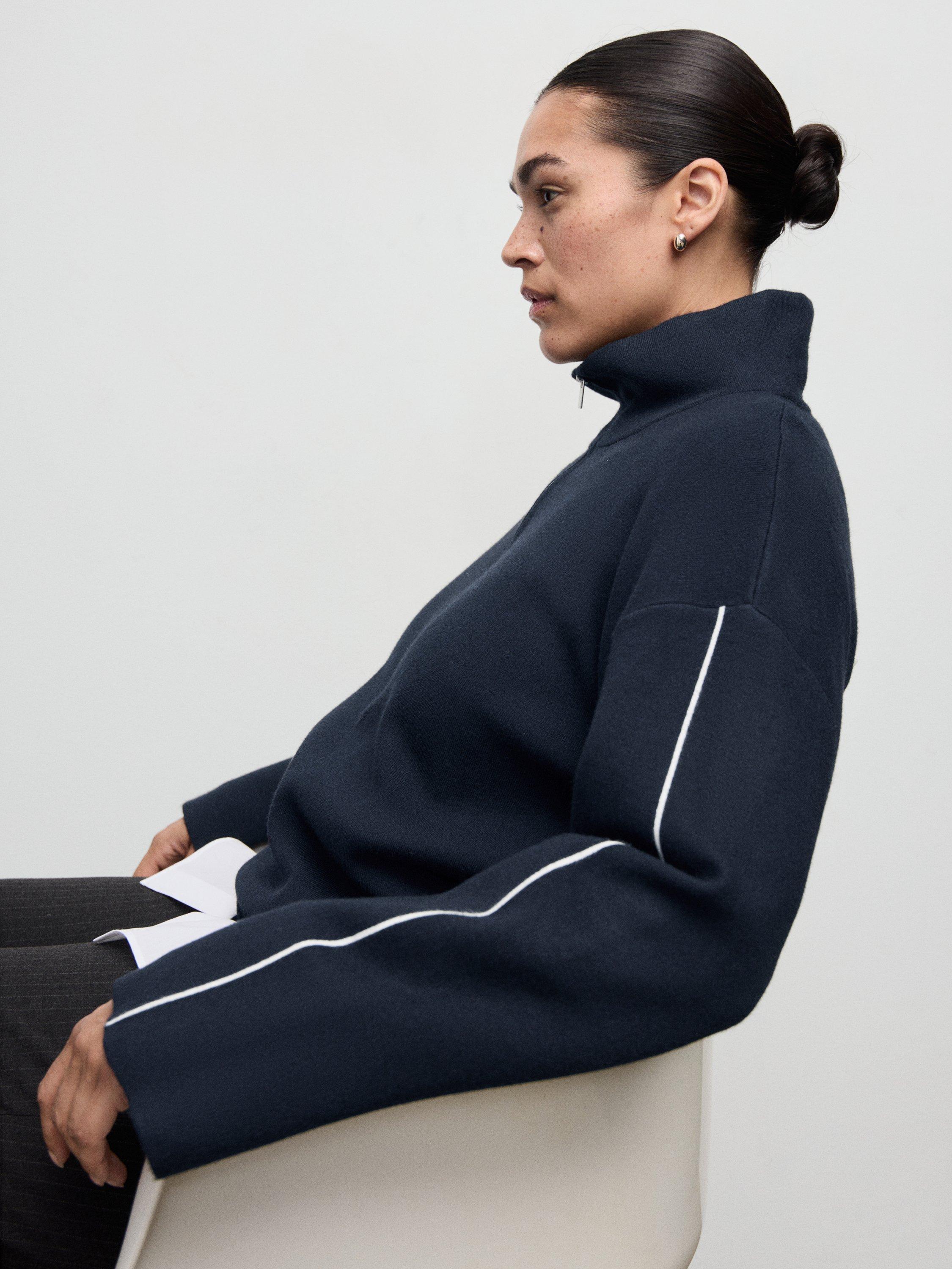 Product image 11 of 11, which shows Mango Cosmus Zip Neck Stripe Sleeve Jumper, Navy, XXXL