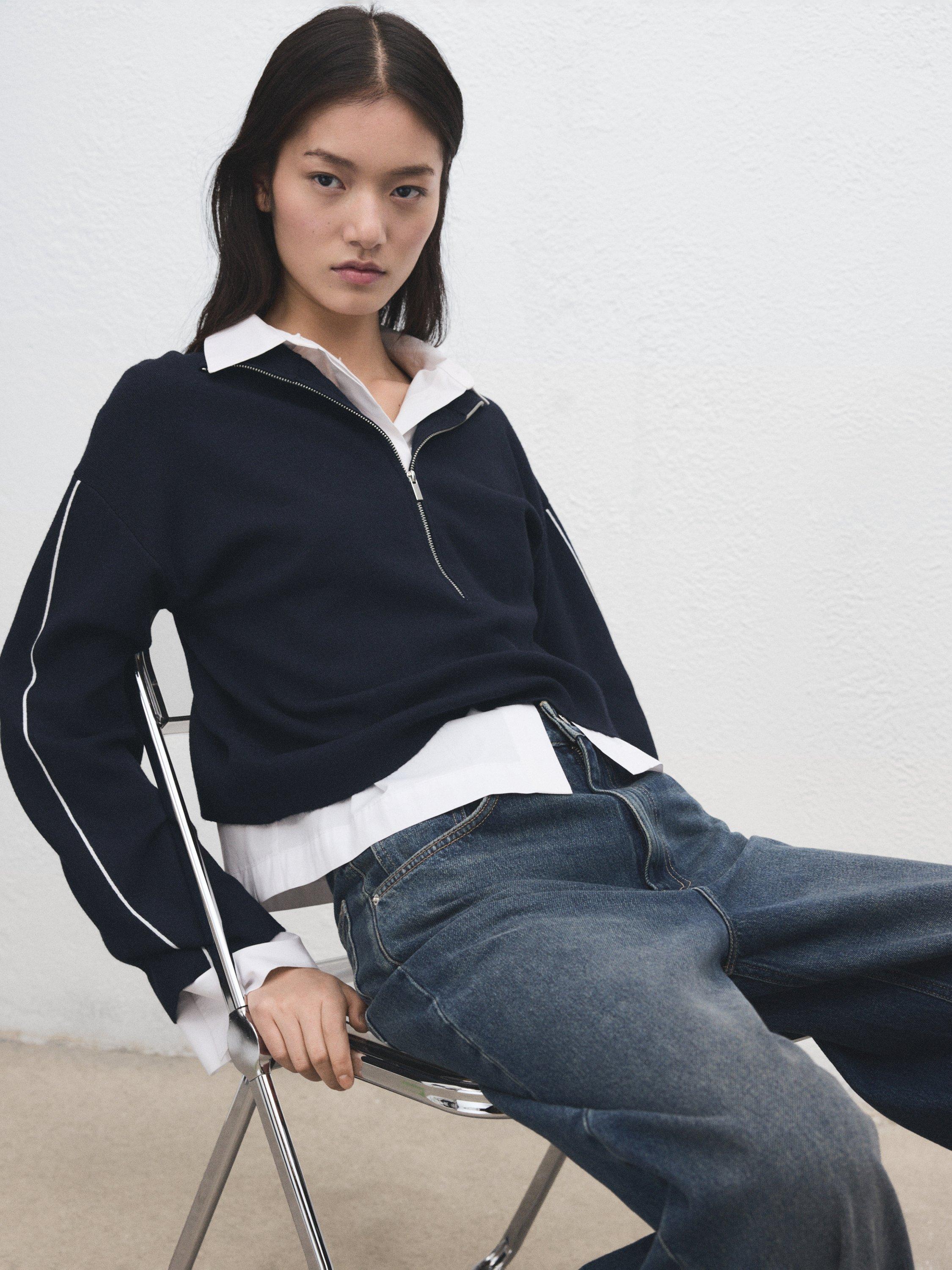 Product image 4 of 11, which shows Mango Cosmus Zip Neck Stripe Sleeve Jumper, Navy, XXXL