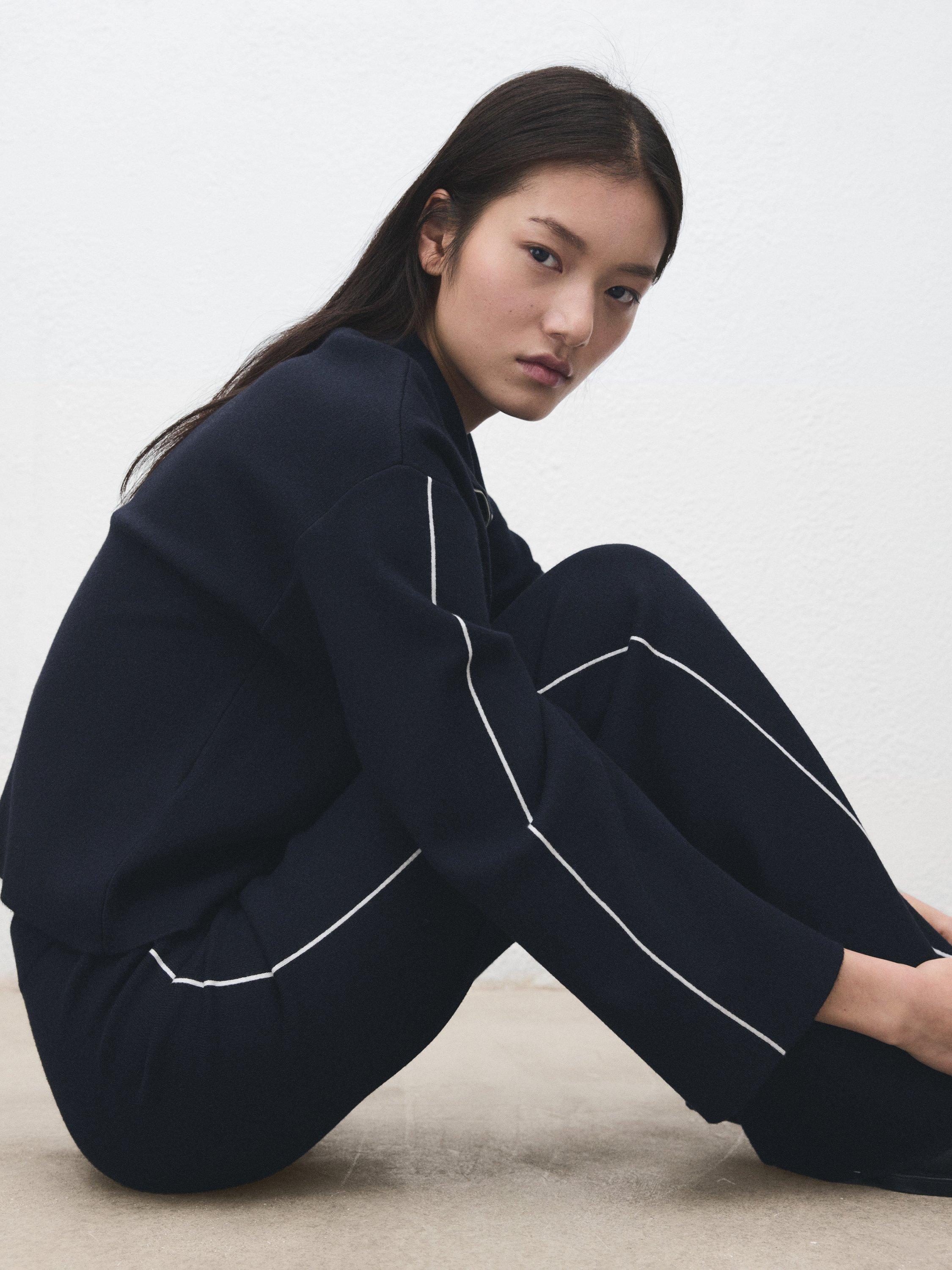 Product image 5 of 11, which shows Mango Cosmus Zip Neck Stripe Sleeve Jumper, Navy, XXXL