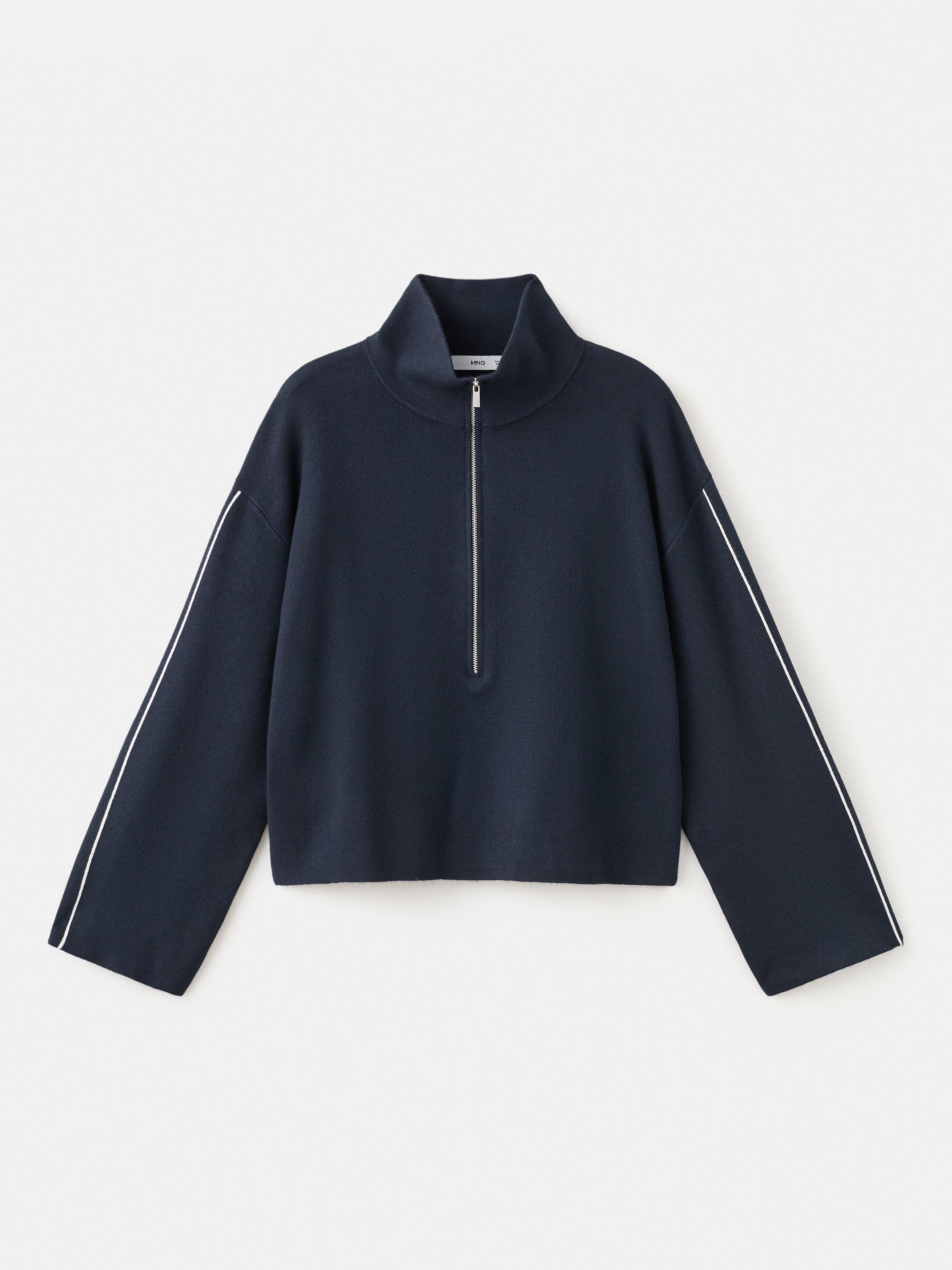 Product image 6 of 11, which shows Mango Cosmus Zip Neck Stripe Sleeve Jumper, Navy, XXXL