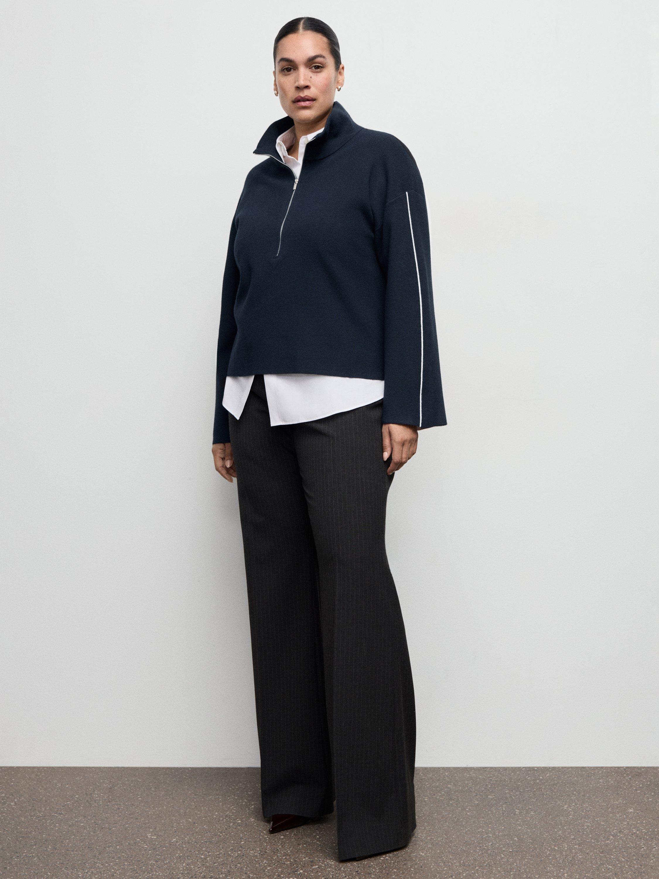 Product image 9 of 11, which shows Mango Cosmus Zip Neck Stripe Sleeve Jumper, Navy, XXXL