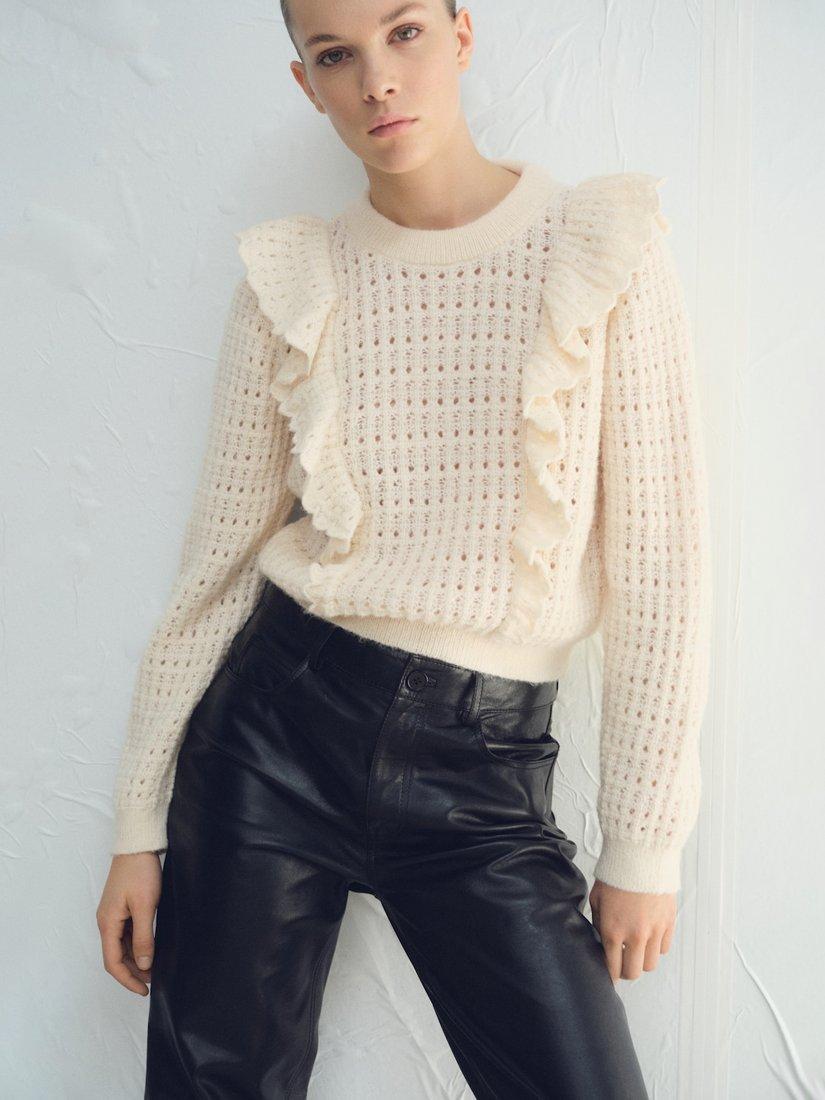 Product image 1 of 6, which shows Mango Tejado Open Knit Ruffle Jumper, Light Beige, L