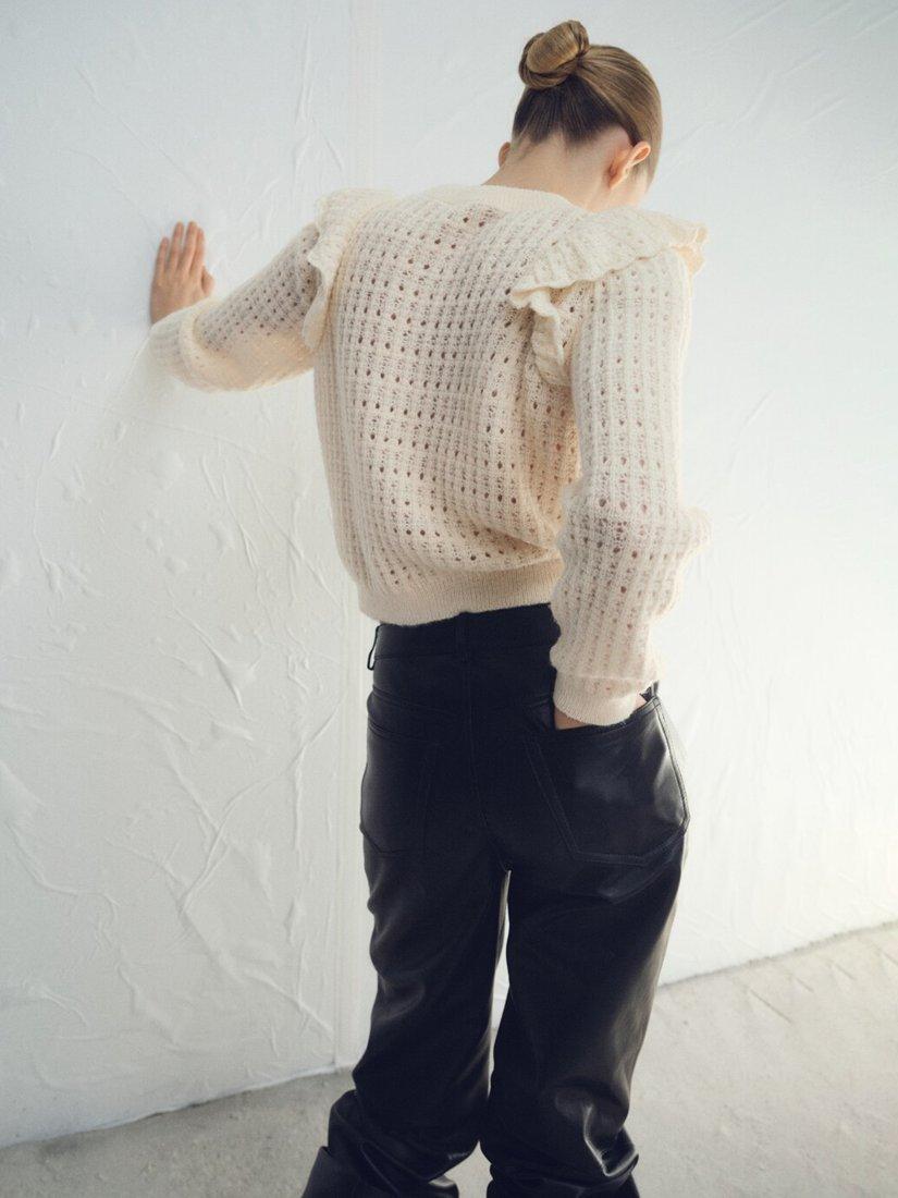 Product image 2 of 6, which shows Mango Tejado Open Knit Ruffle Jumper, Light Beige, L