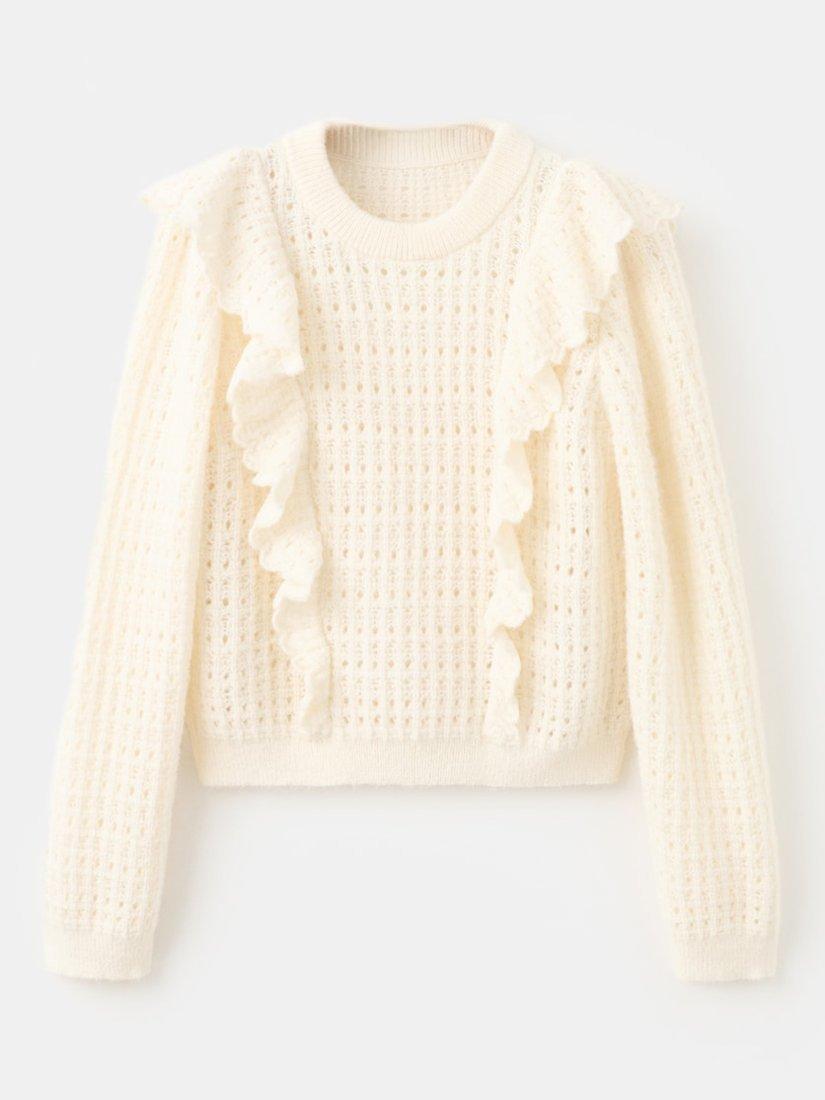 Product image 5 of 6, which shows Mango Tejado Open Knit Ruffle Jumper, Light Beige, L