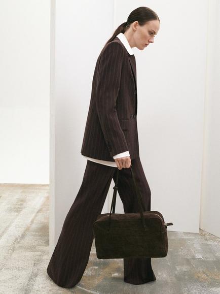 Mango Rise Stripe Trousers, Brown - view 2, Brown