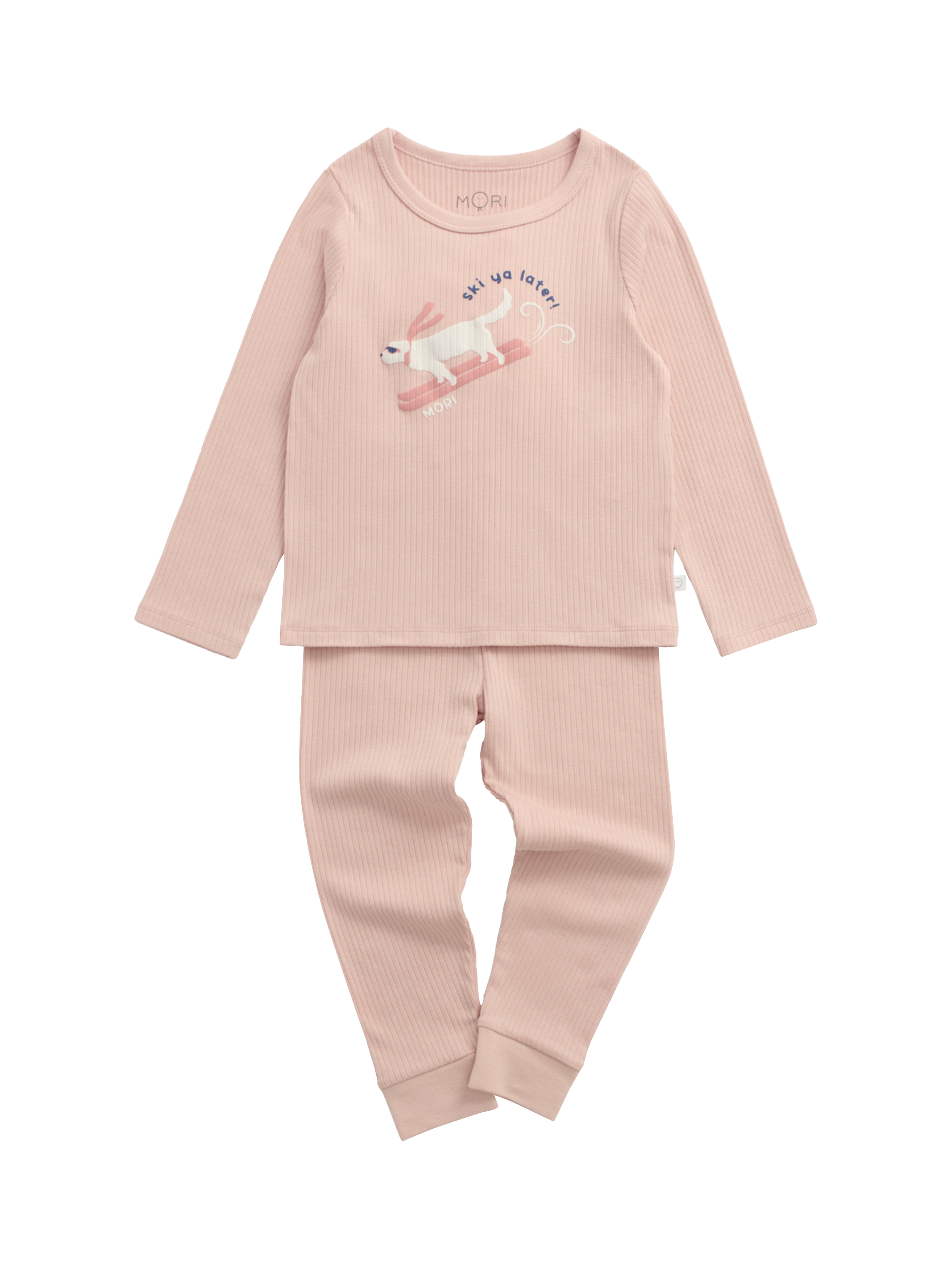 Product image 1 of 3, which shows MORI Kids' Ski Dog Rib Long Pyjamas, Pink, 4-5 years