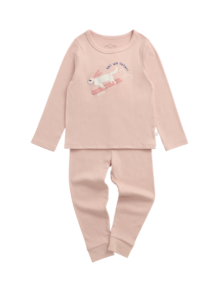 MORI Kids' Ski Dog Rib Long Pyjamas, Pink, Pink