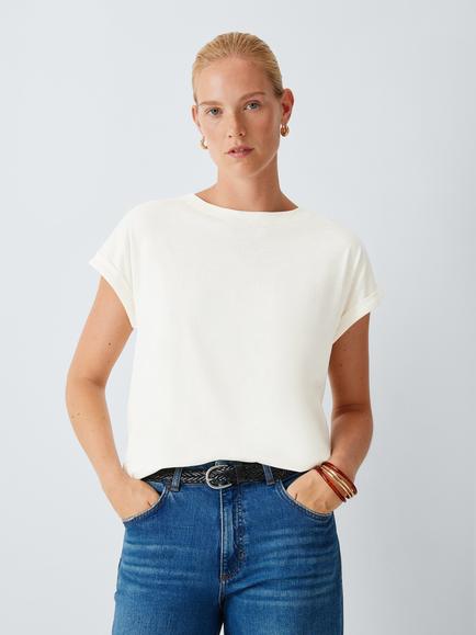 AND/OR Turn Up Cap Sleeve Crew Neck T-Shirt, Ecru