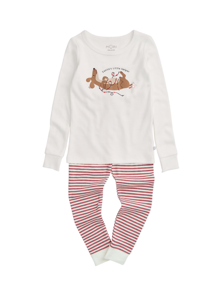 MORI Kids' Santa's Little Helper Long Pyjama Set, White & Red, White & Red