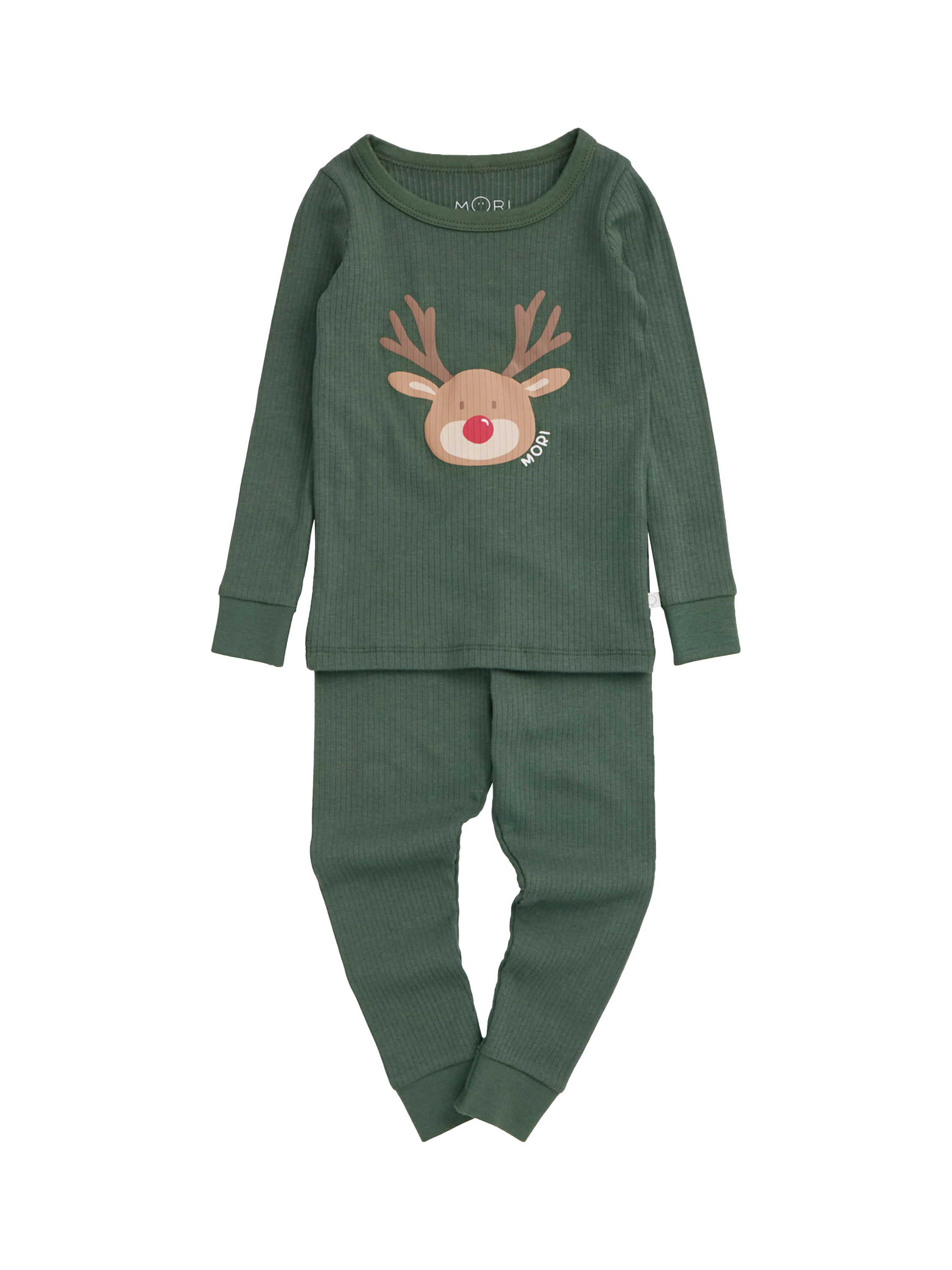 Product image 1 of 4, which shows MORI Kids' Reindeer Print Long Pyjama Set, Pine/Multi, 4-5 years