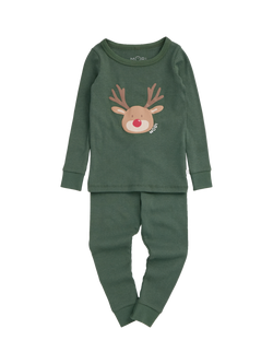 MORI Kids' Reindeer Print Long Pyjama Set, Pine/Multi, Pine/Multi