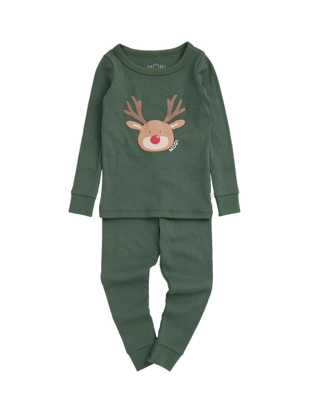 MORI Kids' Reindeer Print Long Pyjama Set, Pine/Multi, Pine/Multi