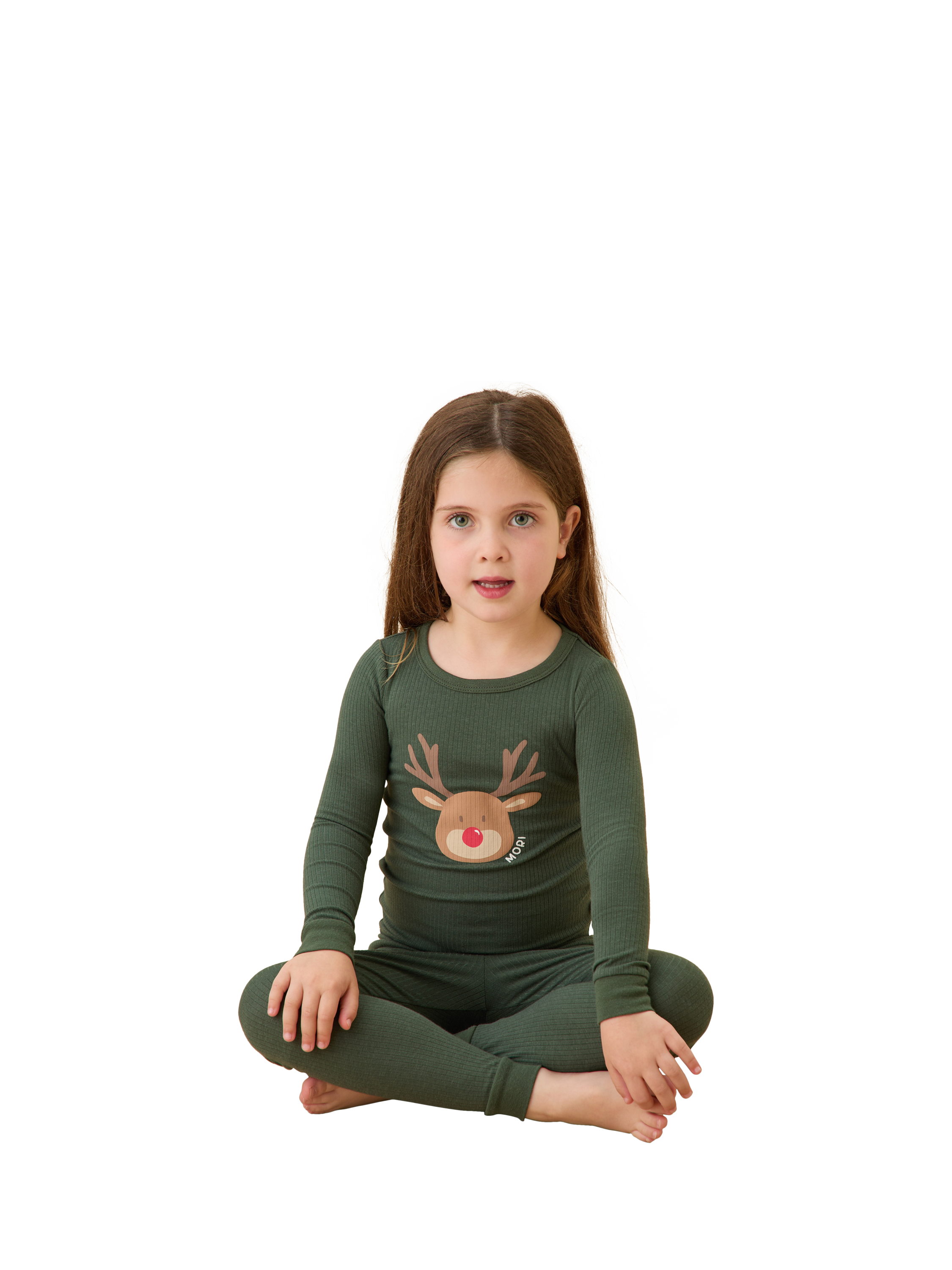 Product image 2 of 4, which shows MORI Kids' Reindeer Print Long Pyjama Set, Pine/Multi, 4-5 years