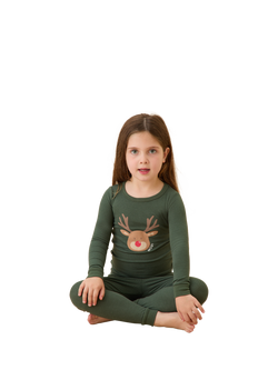 MORI Kids' Reindeer Print Long Pyjama Set, Pine/Multi - view 2, Pine/Multi
