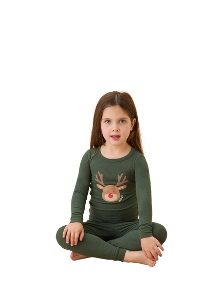 MORI Kids' Reindeer Print Long Pyjama Set, Pine/Multi - view 2, Pine/Multi