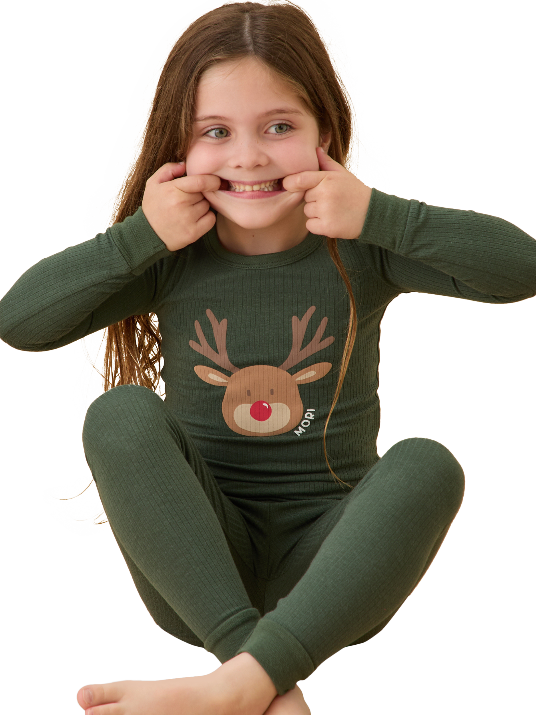 Product image 3 of 4, which shows MORI Kids' Reindeer Print Long Pyjama Set, Pine/Multi, 4-5 years