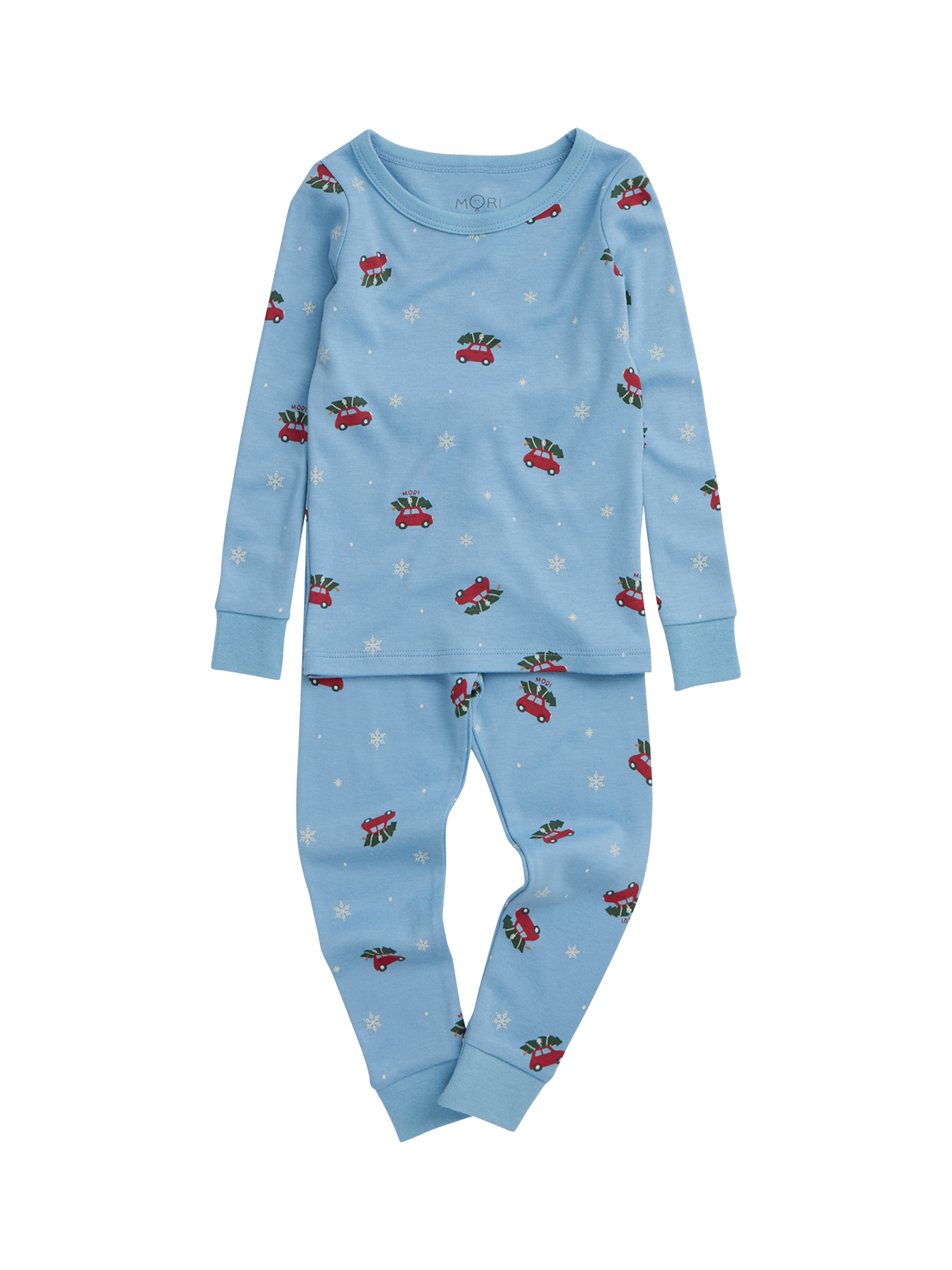 Product image 1 of 4, which shows MORI Kids' Long Pyjama Set, Blue Snowy Car, 18-24 months