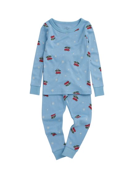 MORI Kids' Long Pyjama Set, Blue Snowy Car, Blue Snowy Car