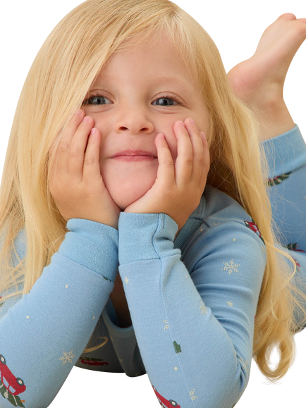 MORI Kids' Long Pyjama Set, Blue Snowy Car - view 2, Blue Snowy Car