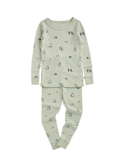 MORI Kids' Long Pyjama Set, Mint Penguin, Mint Penguin
