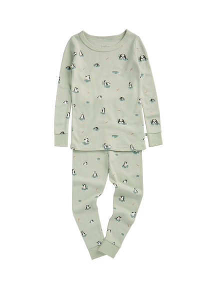 MORI Kids' Long Pyjama Set, Mint Penguin, Mint Penguin
