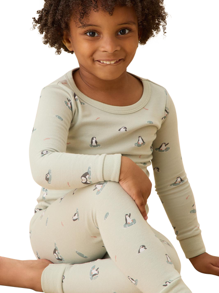 MORI Kids' Long Pyjama Set, Mint Penguin - view 2, Mint Penguin