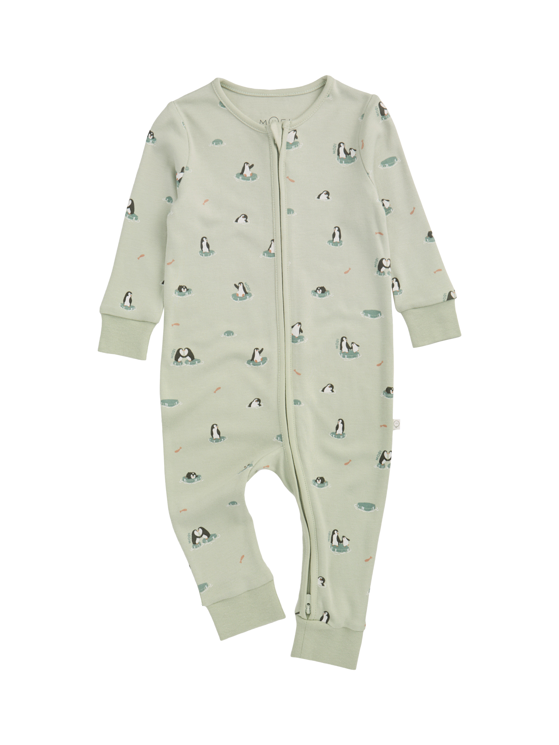Product image 1 of 5, which shows MORI Baby Penguin Zip Sleepsuit, Mint/Multi, 6-9 months