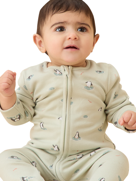 MORI Baby Penguin Zip Sleepsuit, Mint/Multi - view 2, Mint/Multi