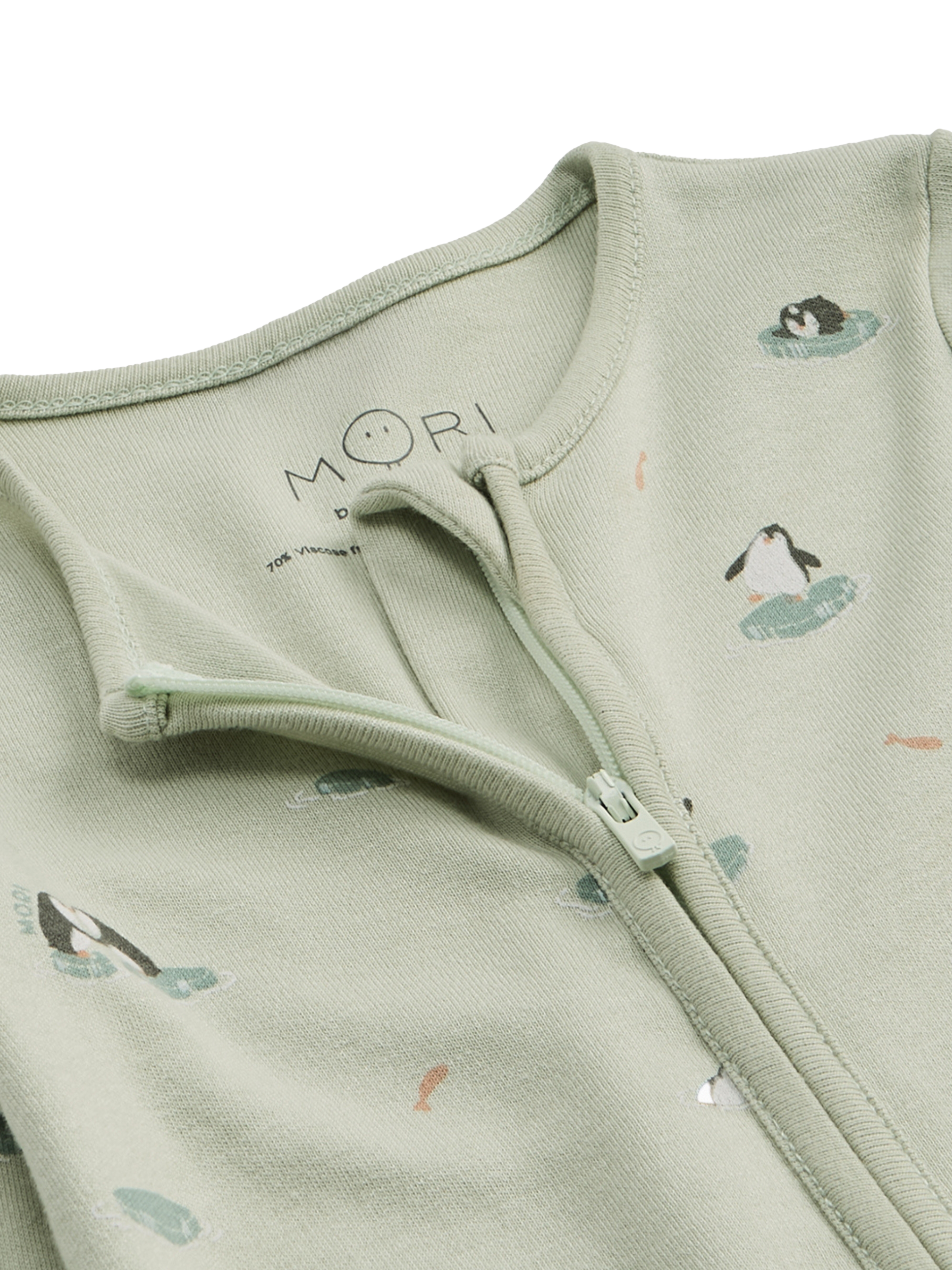 Product image 4 of 5, which shows MORI Baby Penguin Zip Sleepsuit, Mint/Multi, 6-9 months