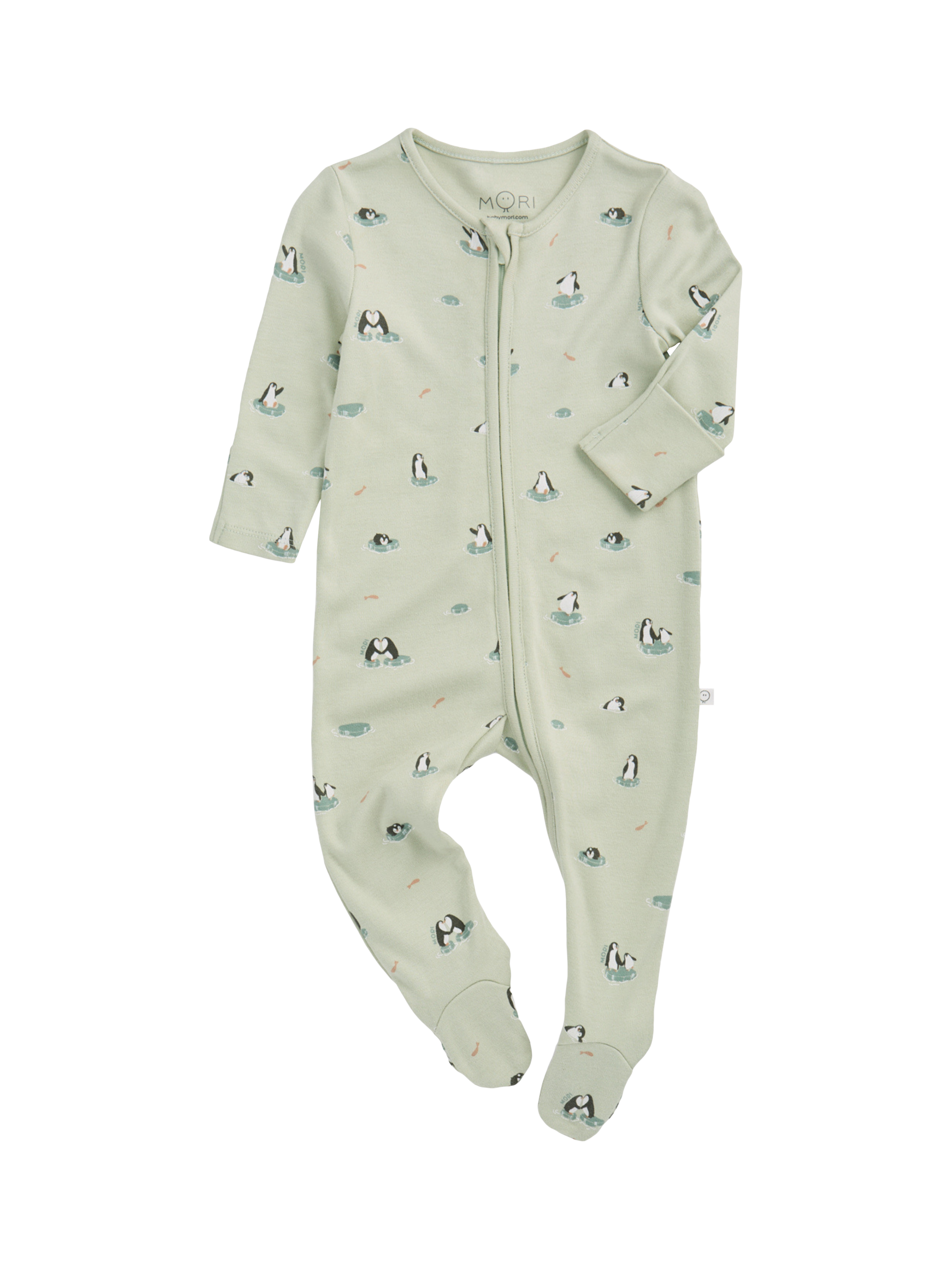 Product image 5 of 5, which shows MORI Baby Penguin Zip Sleepsuit, Mint/Multi, 6-9 months