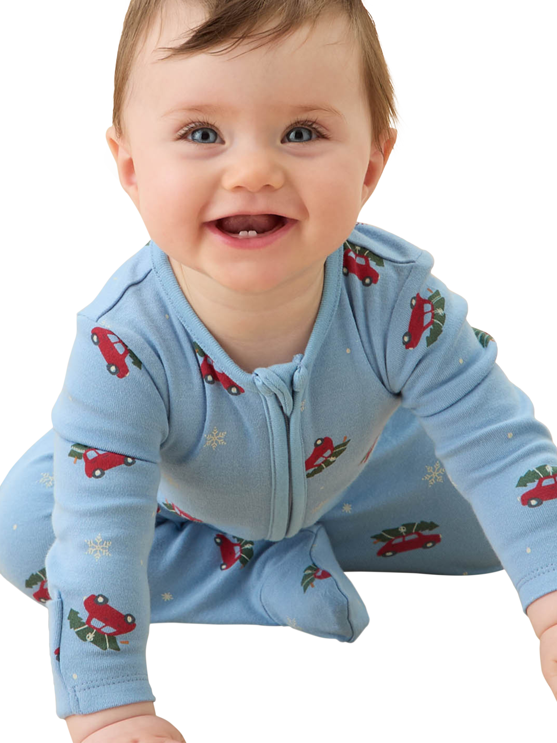 Product image 2 of 4, which shows MORI Baby Christmas Car Zip Sleepsuit, Blue/Multi, 0-3 months