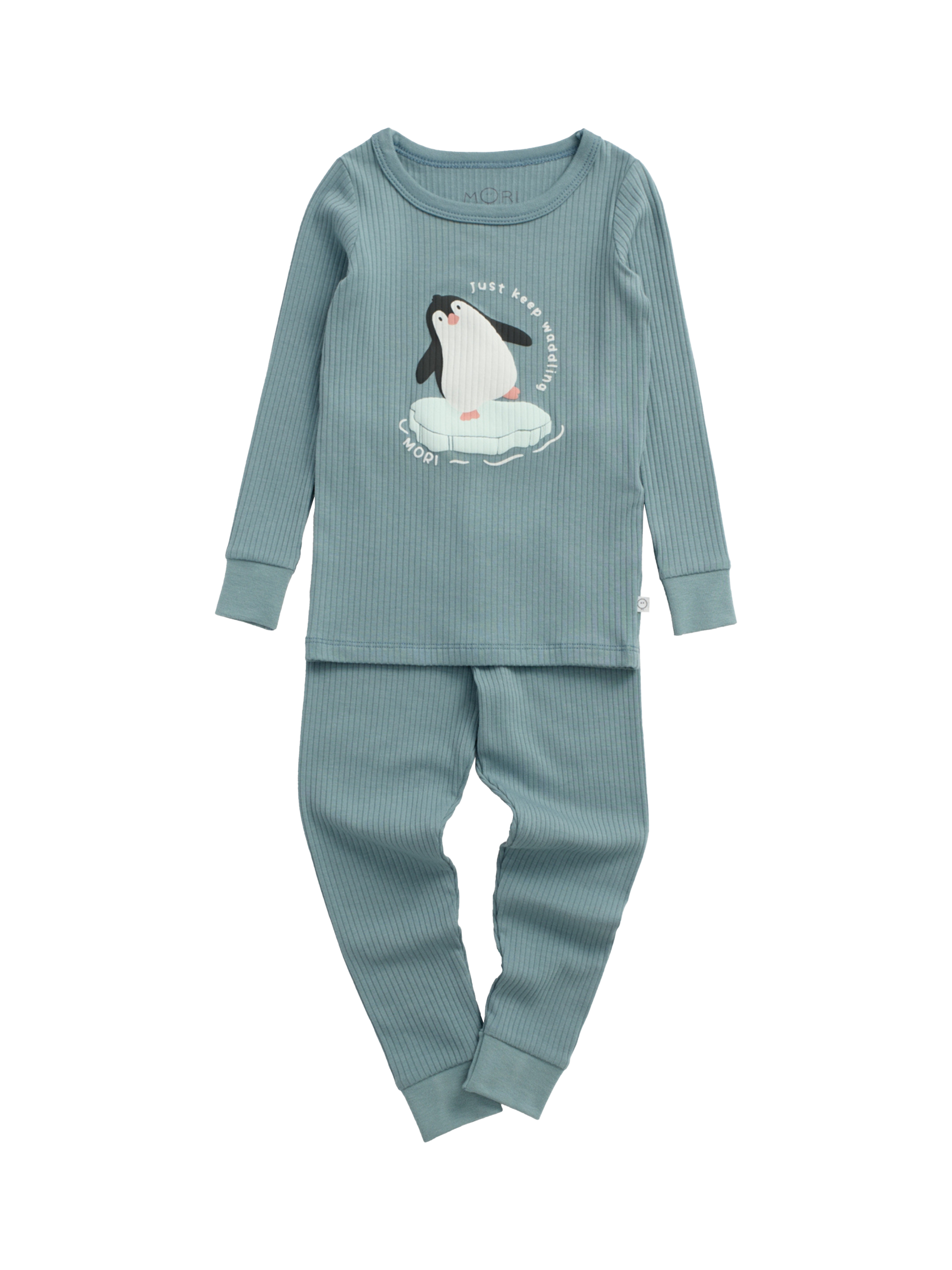 Product image 1 of 3, which shows MORI Kids' Penguin Print Long Pyjama Set, Blue, 12-18 months