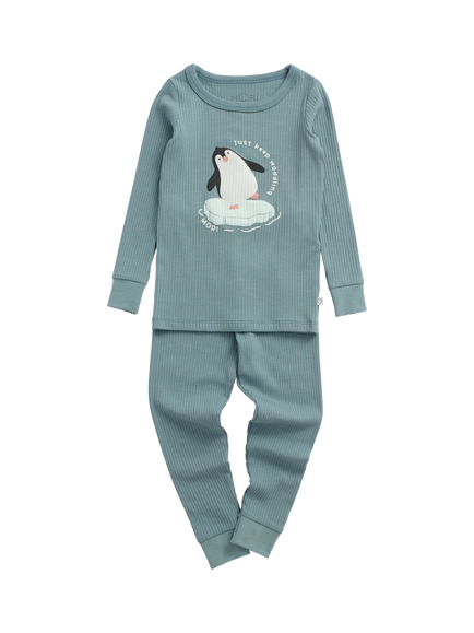 MORI Kids' Penguin Print Long Pyjama Set, Blue, Blue