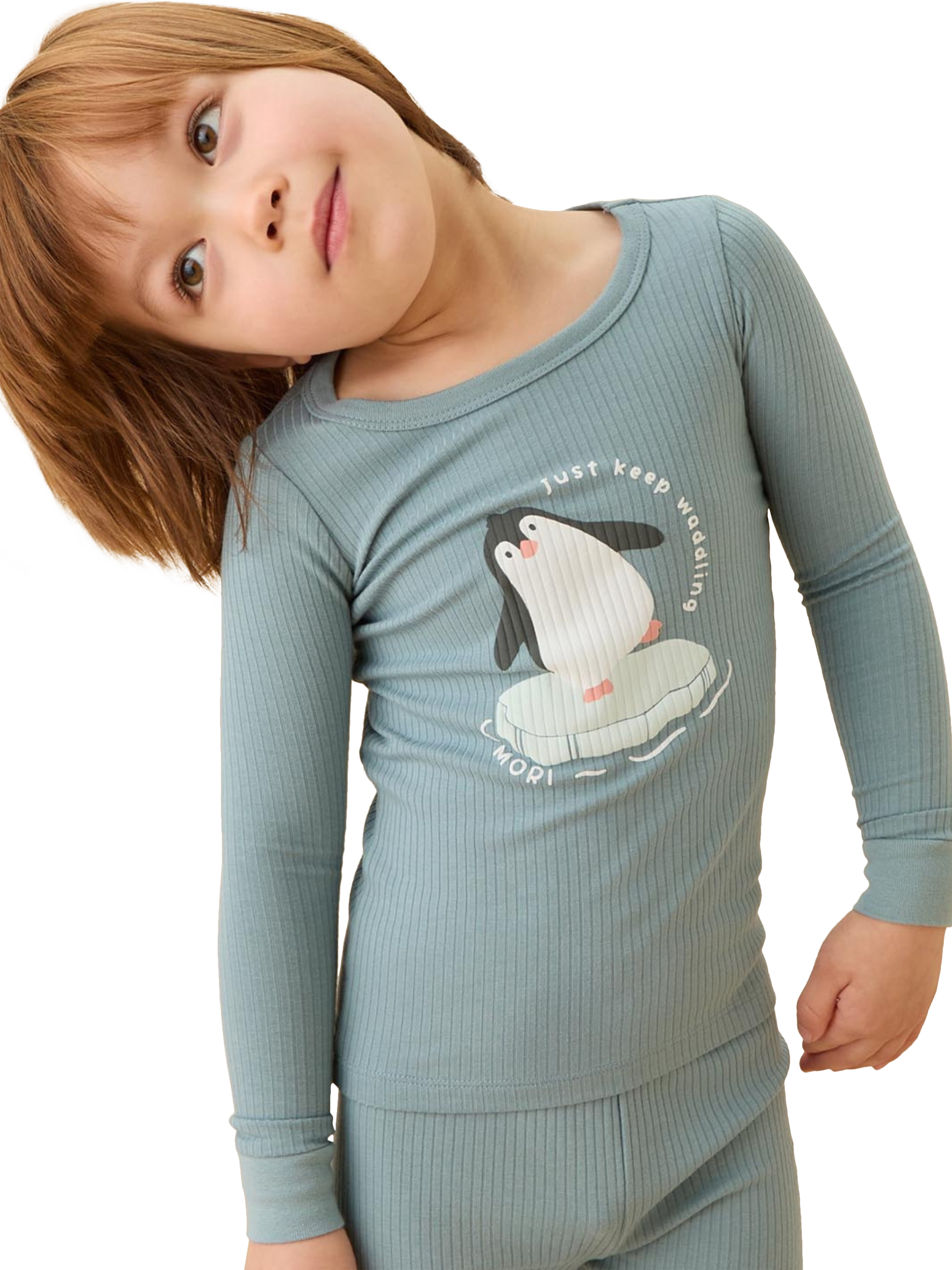 Product image 2 of 3, which shows MORI Kids' Penguin Print Long Pyjama Set, Blue, 12-18 months
