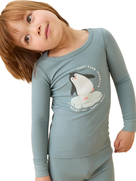 MORI Kids' Penguin Print Long Pyjama Set, Blue - view 2, Blue