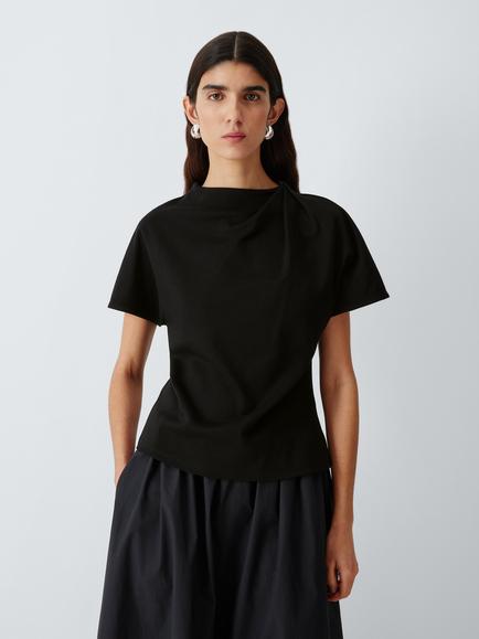 John Lewis Drape Neck Short Sleeve Cotton Top, Black