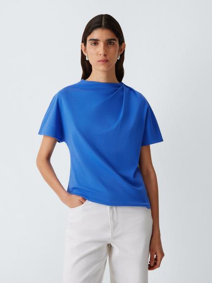 John Lewis Drape Neck Short Sleeve Cotton Top, Blue