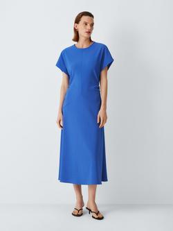John Lewis Ruched Waist Cap Sleeve Midi Dress, Blue, Blue