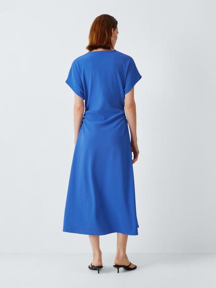 John Lewis Ruched Waist Cap Sleeve Midi Dress, Blue - view 2, Blue