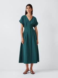 John Lewis Tuck Detail Short Sleeve Cotton Midi Dress, Teal, Teal